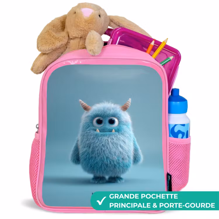 Sac à dos enfant avec nom - Rose - Monstre bleu en peluche avec des cornes — 2