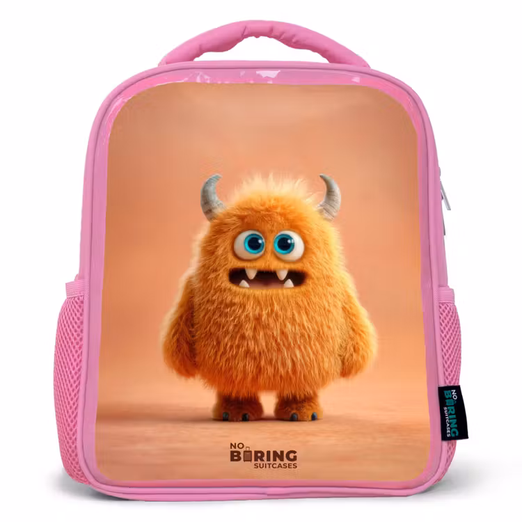 Sac à dos enfant avec nom - Rose - Monstre pelucheux orange avec cornes — 1