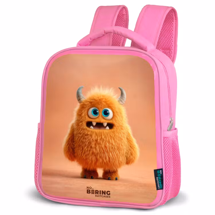 Sac à dos enfant avec nom - Rose - Monstre pelucheux orange avec cornes — 4