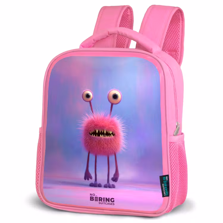 Sac à dos enfant avec nom - Rose - Monstre rose à fourrure avec de grands yeux — 4