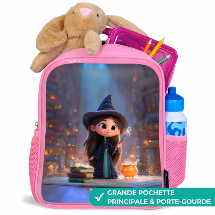 Sac à dos enfant avec nom - Rose - Petite enchanteresse dans la bibliothèque — 2