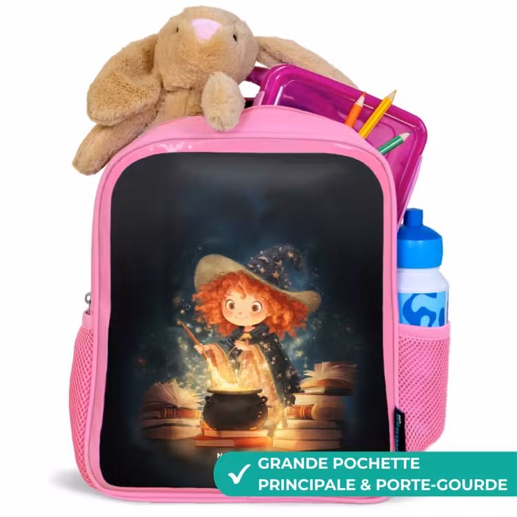 Sac à dos enfant avec nom - Rose - Sorcière avec potion étincelante — 2