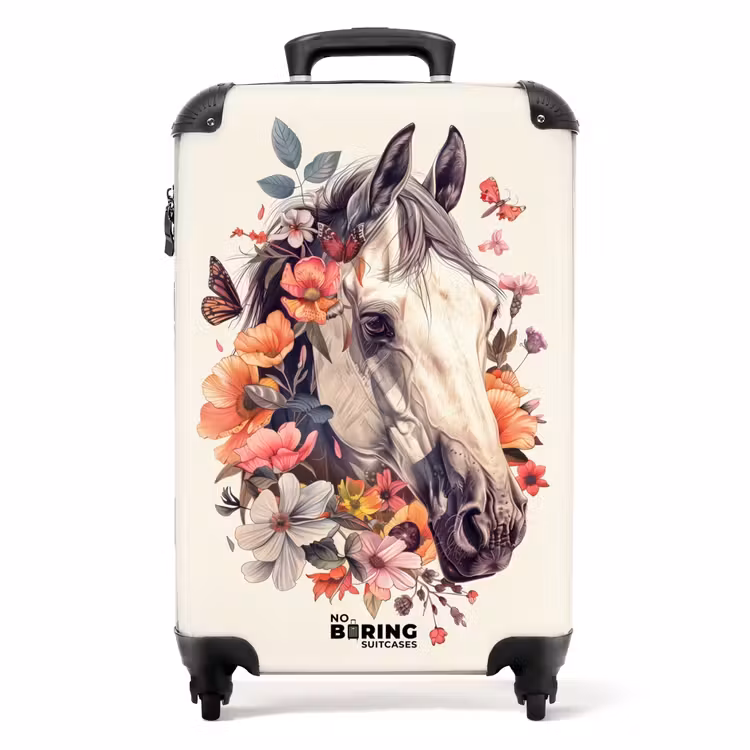 Valise - Tête de cheval blanc entourée de fleurs et de papillons — 1