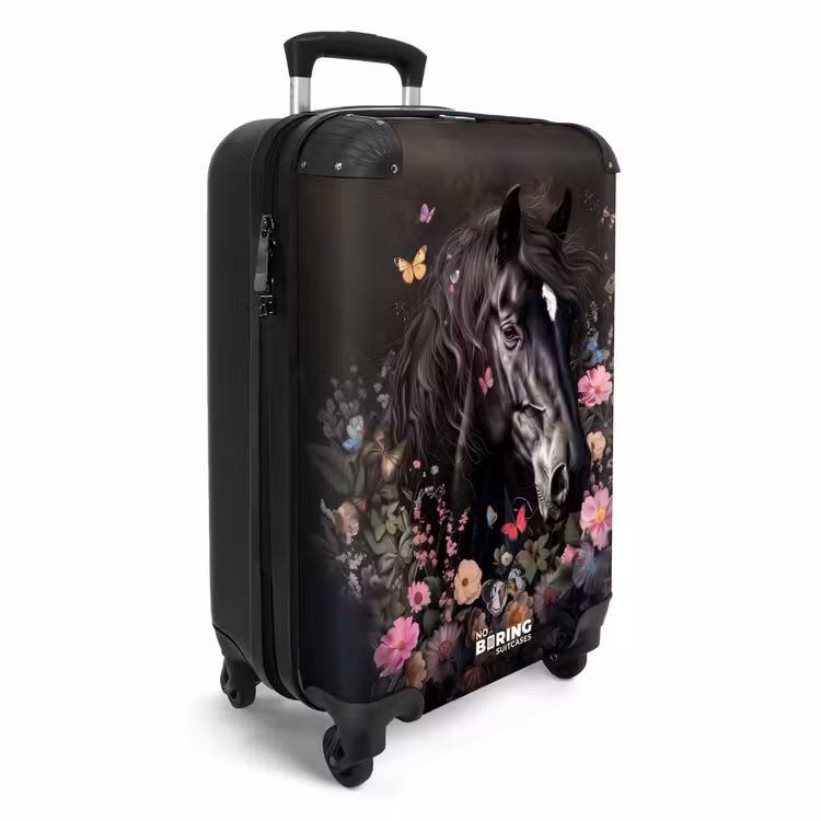Valise - Cheval noir avec une crête blanche et des fleurs colorées — 2