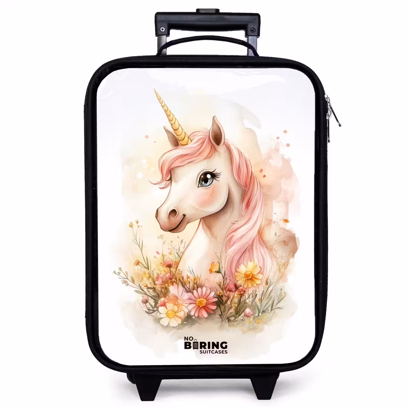 Valise enfant - Noir - Licorne à la crinière rose parmi des fleurs pastel — 1