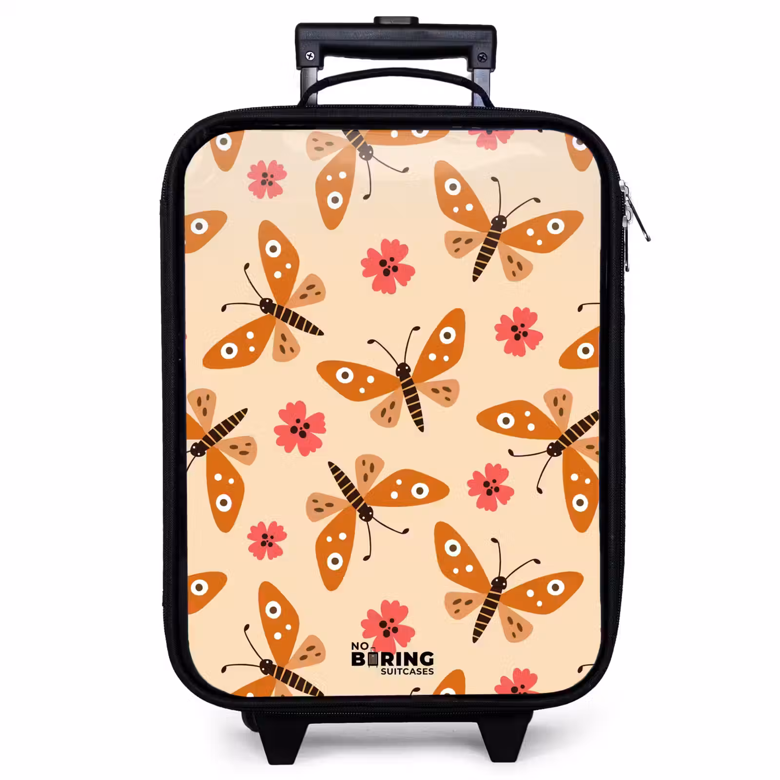 Valise enfant - Noir - Papillons orange et fleurs roses sur fond beige — 1