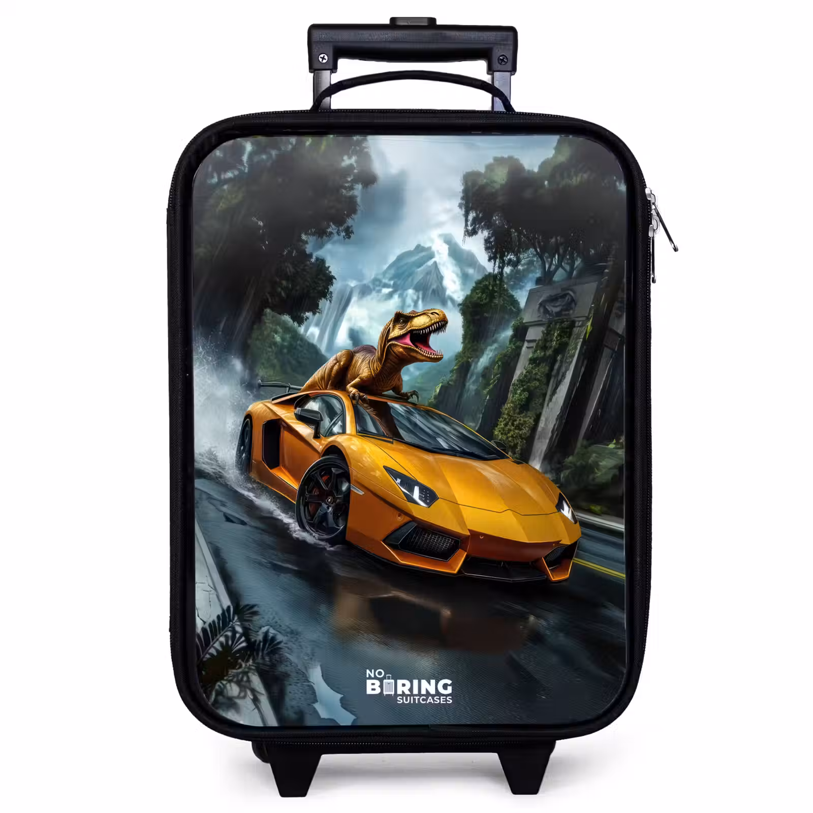 Valise enfant - Noir - T-Rex sur une voiture de sport orange dans une forêt pluvieuse — 1