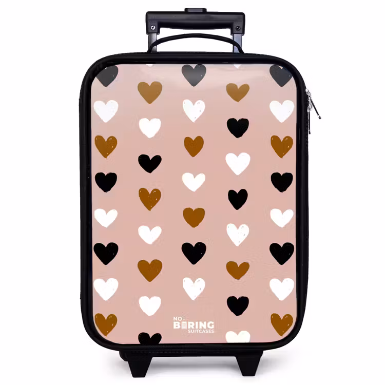 Valise enfant - Noir - Motif de cœur noir, blanc et marron sur fond de rose ancienne — 1