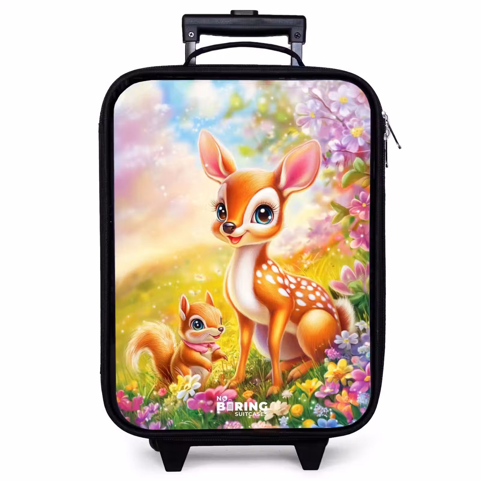 Valise enfant - Noir - Cerf et écureuil dans un champ de fleurs coloré — 1