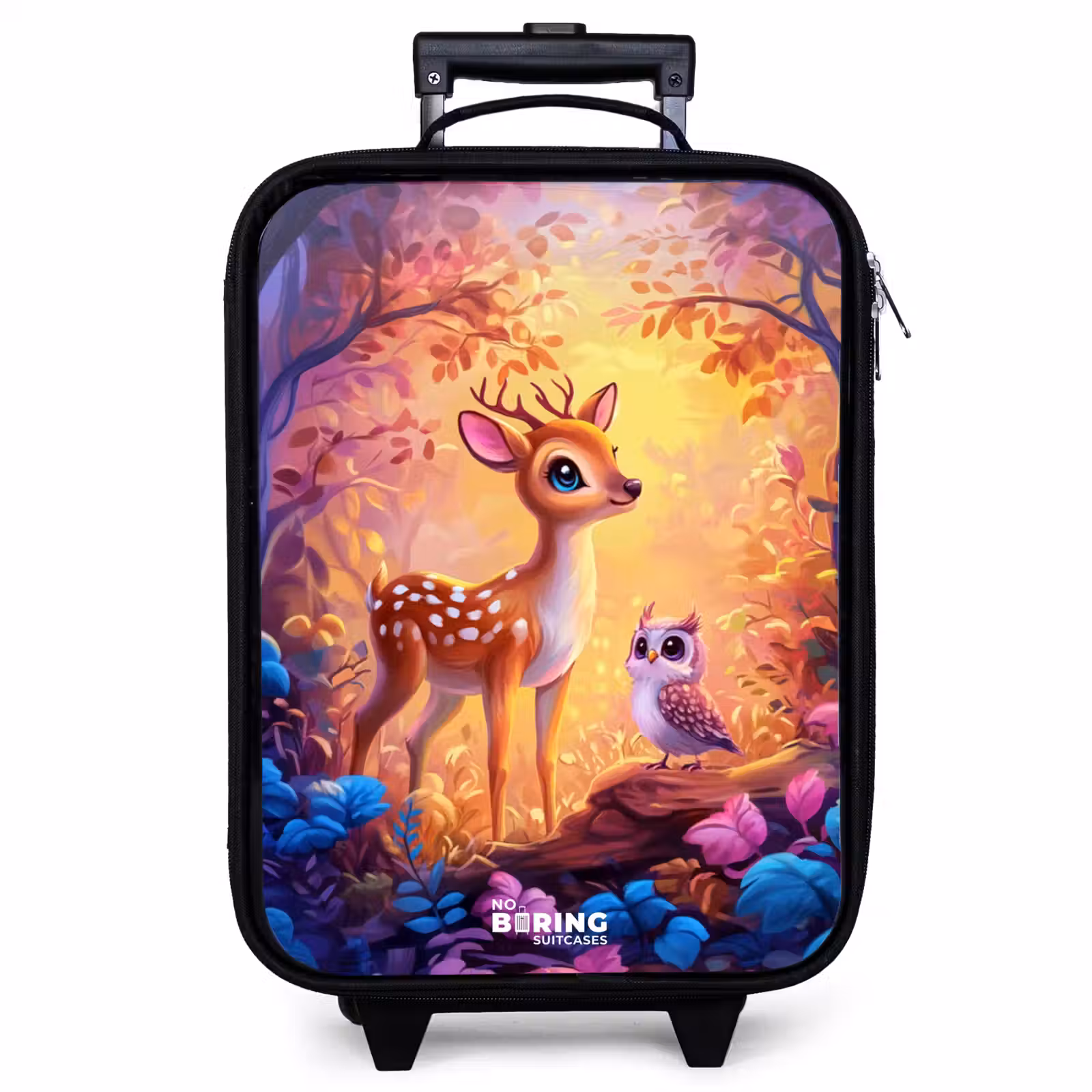 Valise enfant - Noir - Petit cerf et hibou dans une forêt rose de conte de fées — 1
