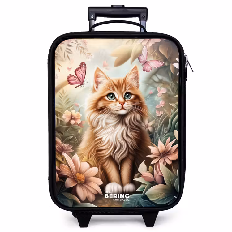 Valise enfant - Noir - Chat dans un champ de fleurs avec des papillons roses. — 1