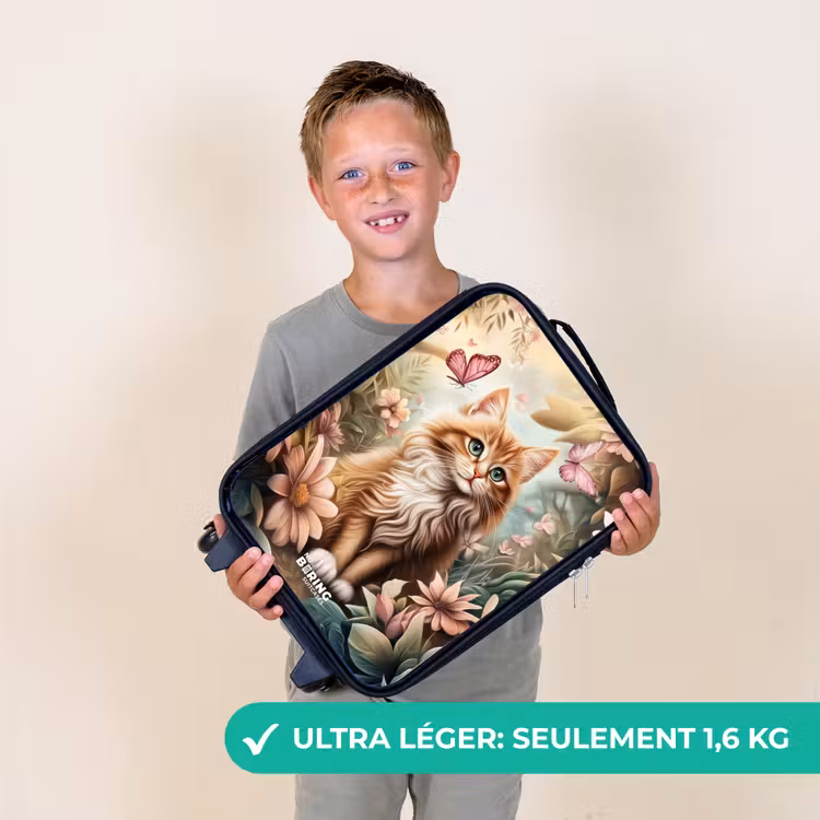 Valise enfant - Noir - Chat dans un champ de fleurs avec des papillons roses. — 2