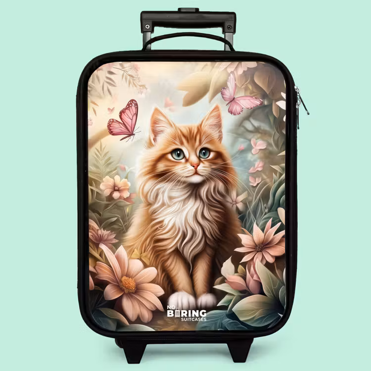 Valise enfant - Noir - Chat dans un champ de fleurs avec des papillons roses. — 3