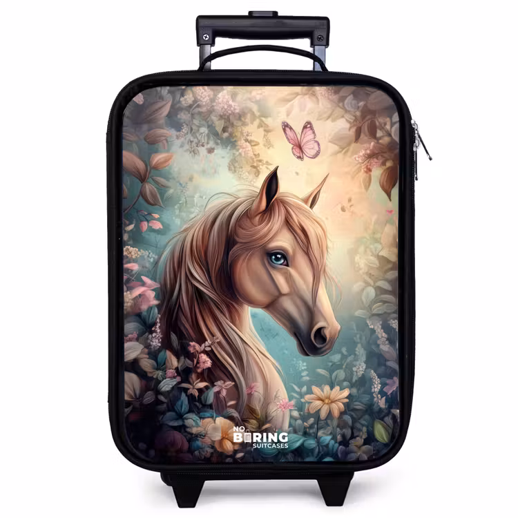 Valise enfant - Noir - Cheval avec papillons dans un jardin de fleurs — 1