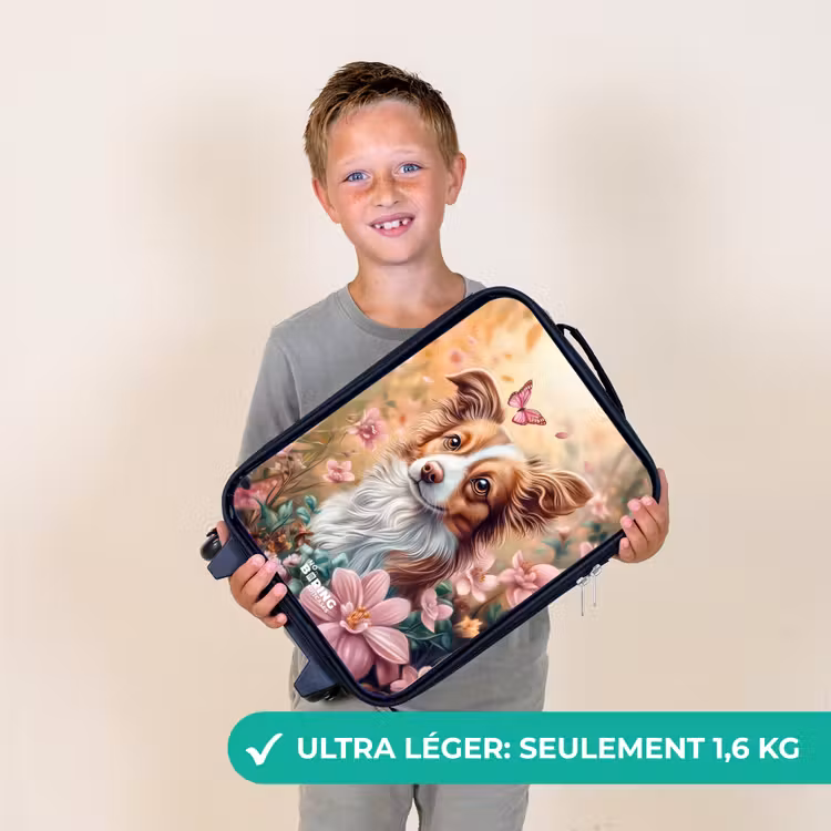 Valise enfant - Noir - Chien dans un champ de fleurs avec des papillons — 2