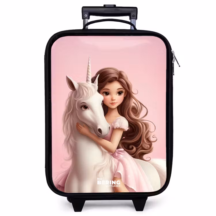 Valise enfant - Noir - Fille avec licorne blanche sur fond rose — 1