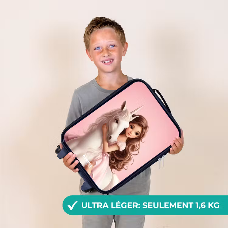 Valise enfant - Noir - Fille avec licorne blanche sur fond rose — 2