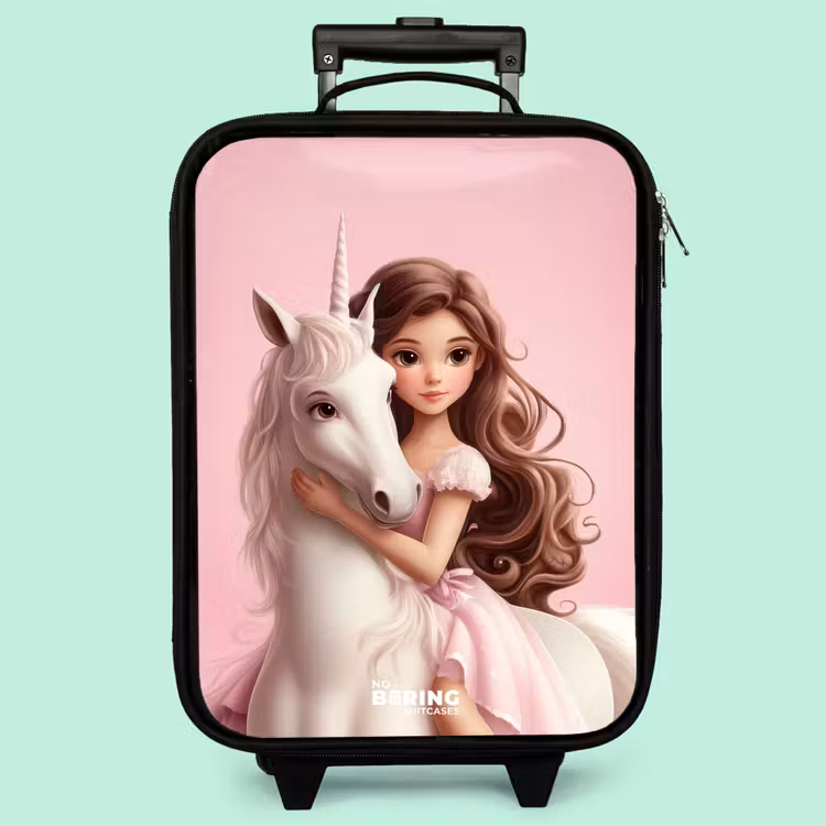 Valise enfant - Noir - Fille avec licorne blanche sur fond rose — 3