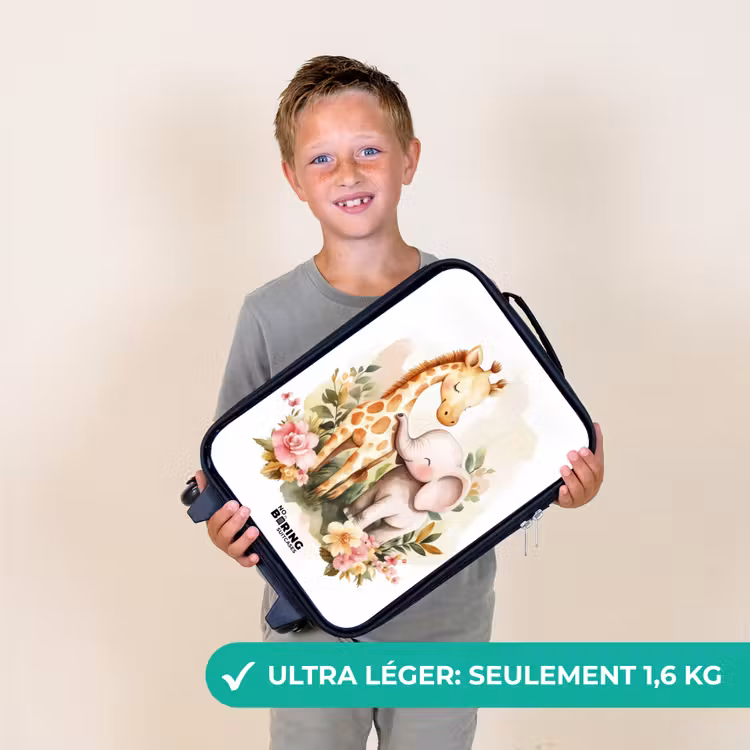 Valise enfant - Noir - Girafe et éléphant parmi les fleurs sur fond blanc — 2