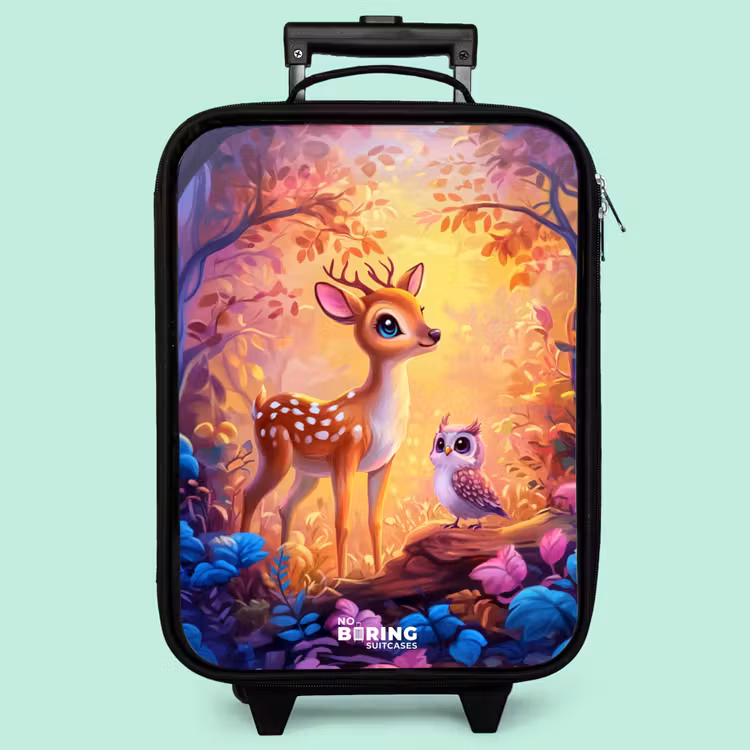 Valise enfant - Noir - Petit cerf et hibou dans une forêt rose de conte de fées — 3