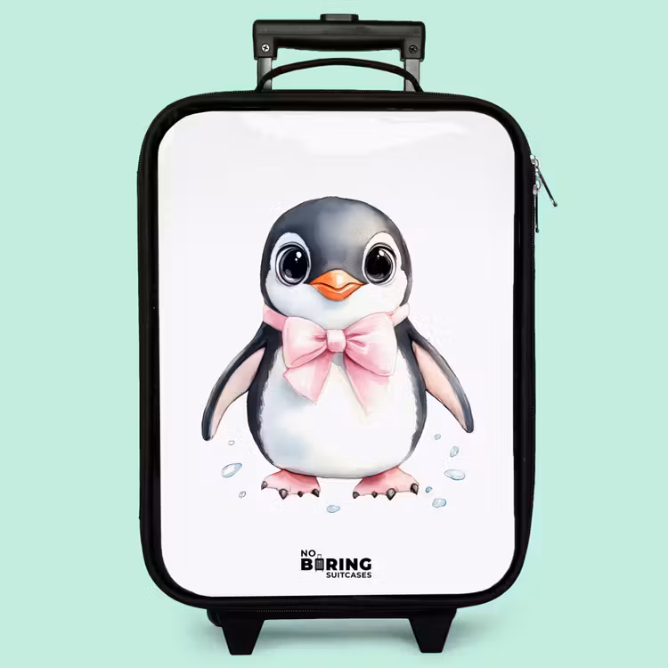 Valise enfant - Noir - Pingouin avec nœud rose et gouttes de glace — 3