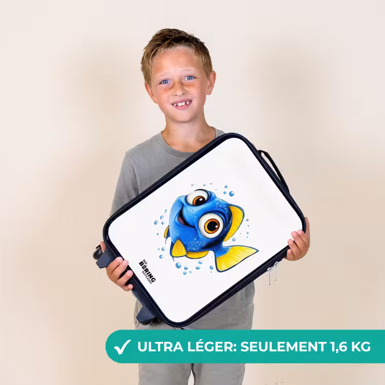 Valise enfant - Noir - Poisson bleu avec nageoires jaunes et regard joyeux — 2