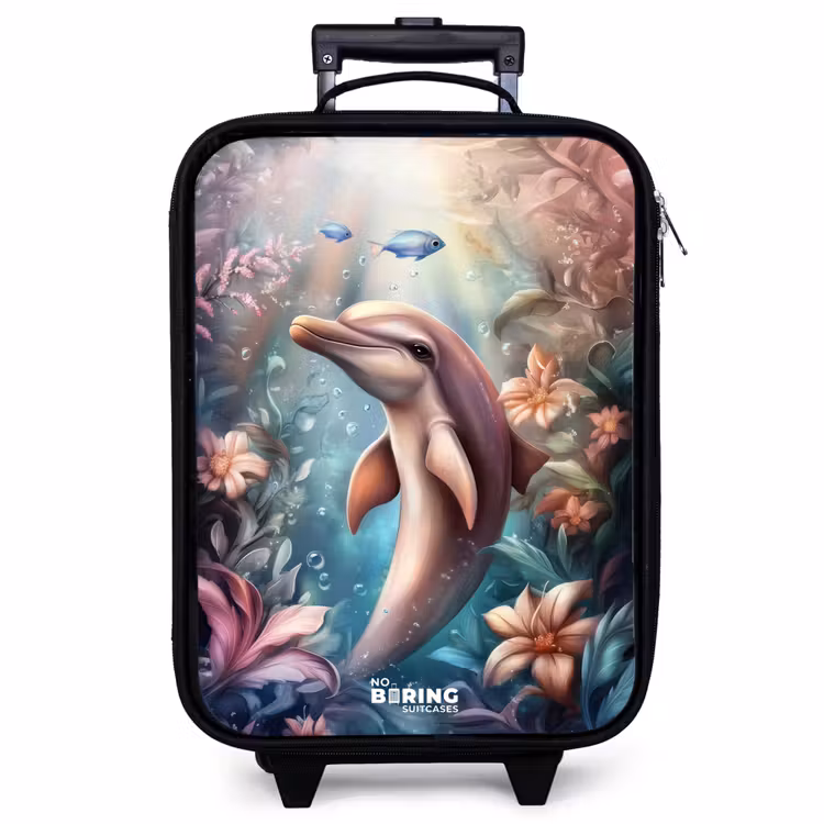 Valise enfant - Noir - Dauphin et poisson dans un monde de fleurs sous-marines — 1