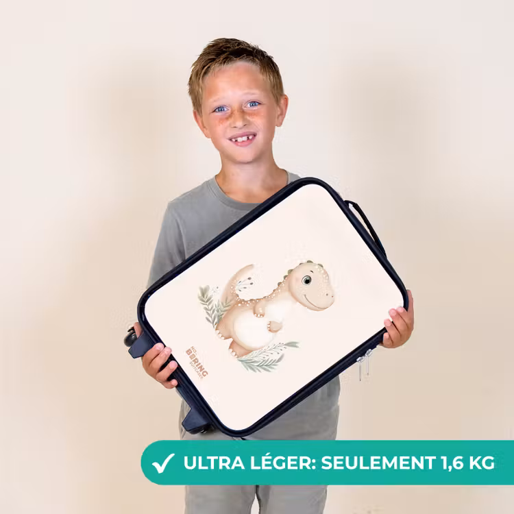 Valise enfant - Noir - Dinosaure beige avec des feuilles vertes — 2