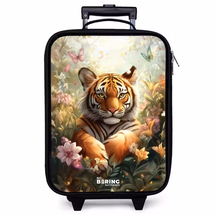 Valise enfant - Noir - Tigre dans un champ de fleurs avec papillons et soleil — 1