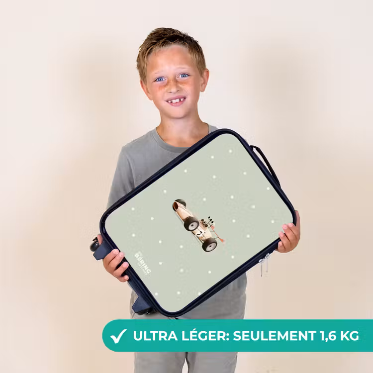 Valise enfant - Noir - Voiture de course rétro beige sur fond vert à pois — 2