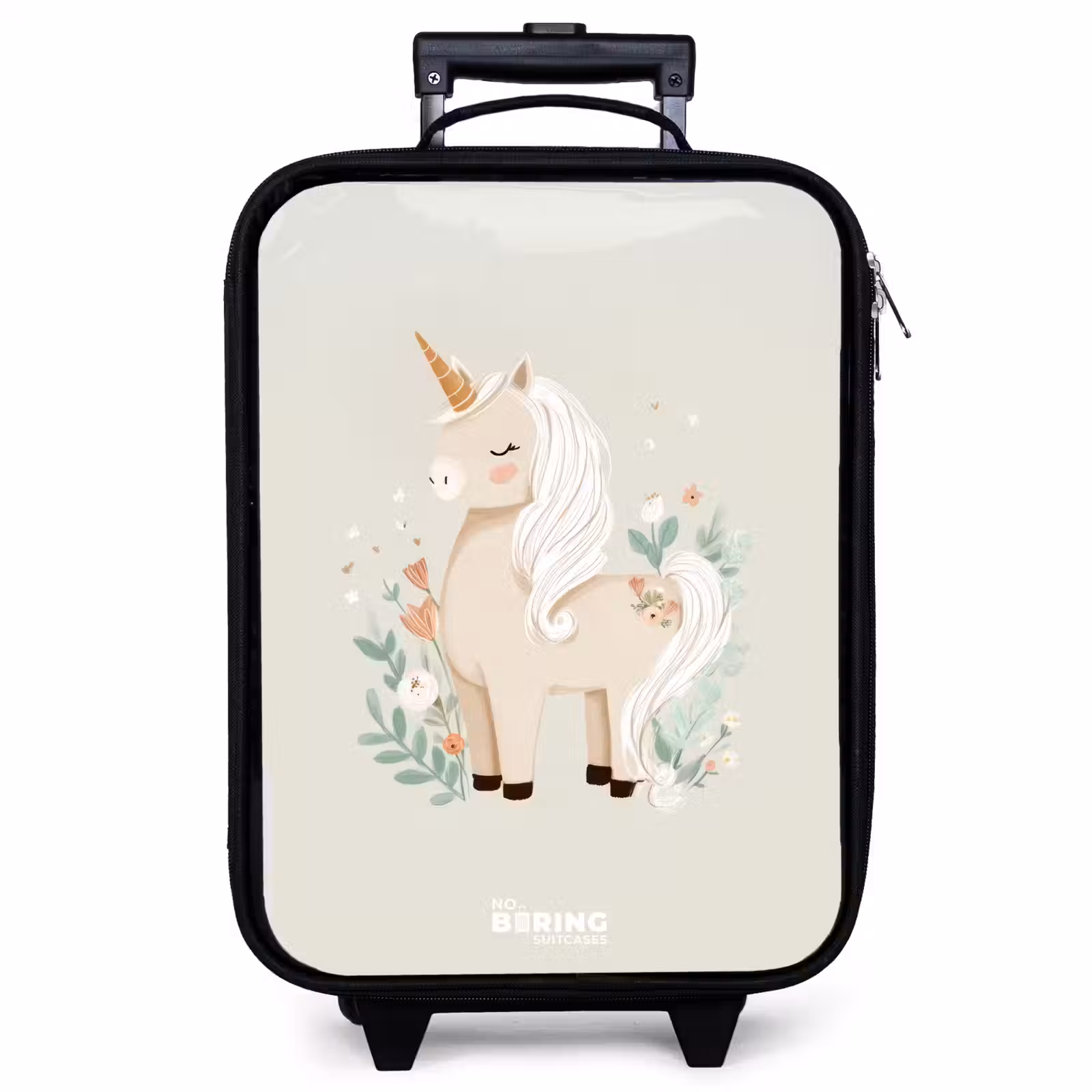 Valise enfant - Noir - Licorne parmi les fleurs dans les tons beiges — 1
