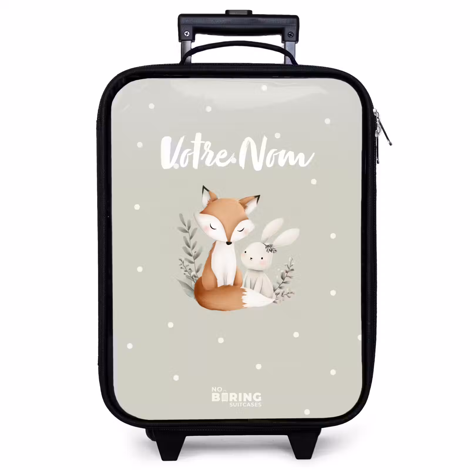Valise enfant - Noir - Renard et lapin entourés de feuilles et de points verts — 1