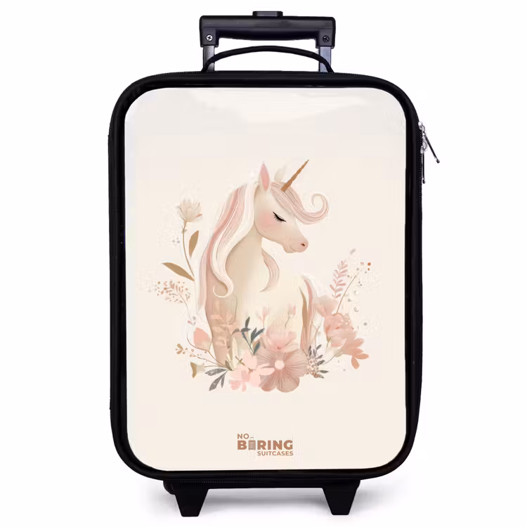 Valise enfant - Noir - Licorne parmi les fleurs aux couleurs roses pastel — 1