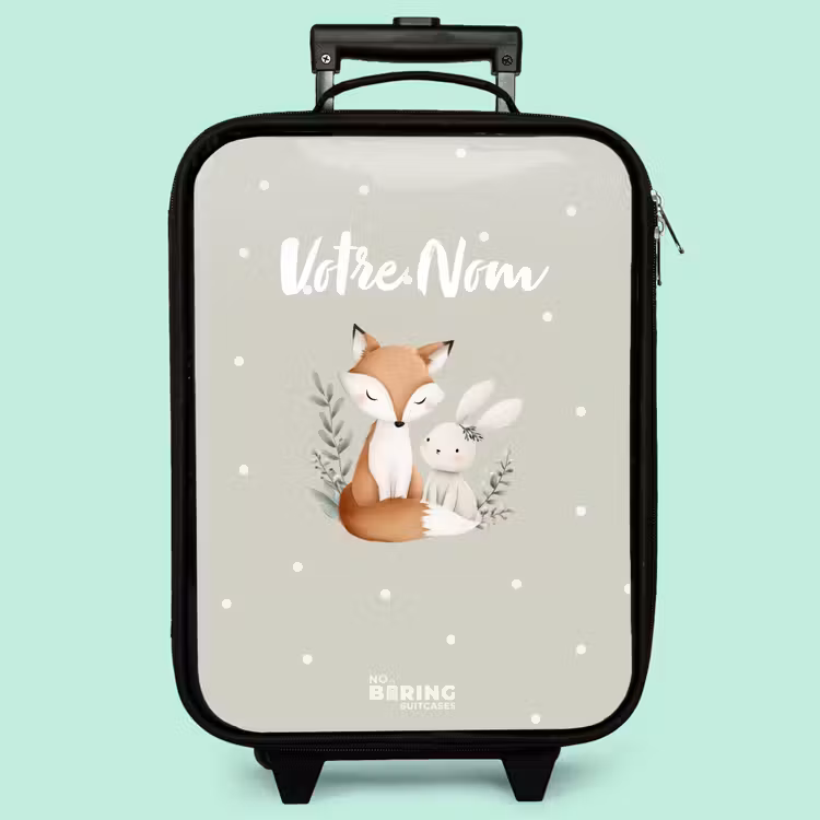 Valise enfant - Noir - Renard et lapin entourés de feuilles et de points verts — 3