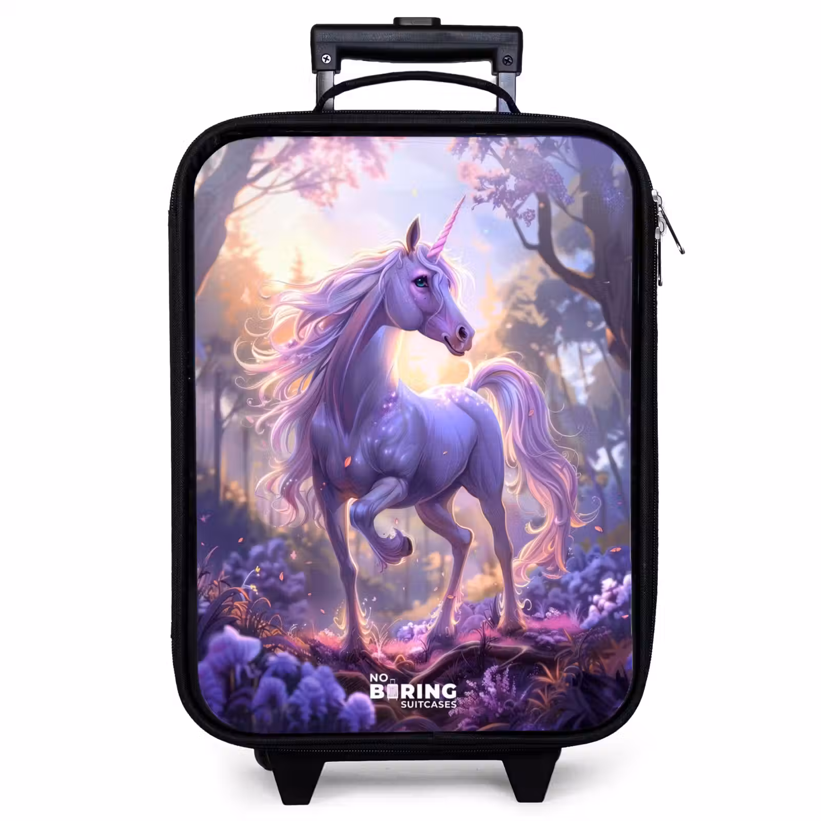 Valise enfant - Noir - Portrait d'une licorne parmi des fleurs violettes — 1
