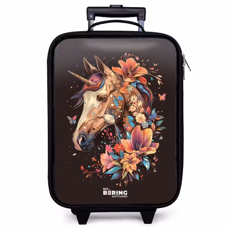 Valise enfant - Noir - Licorne et fleurs sur fond noir — 1