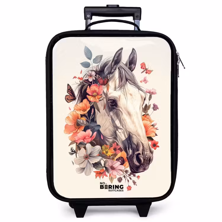 Valise enfant - Tête de cheval blanc entourée de fleurs et de papillons — 1