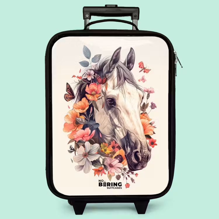 Valise enfant - Tête de cheval blanc entourée de fleurs et de papillons — 3