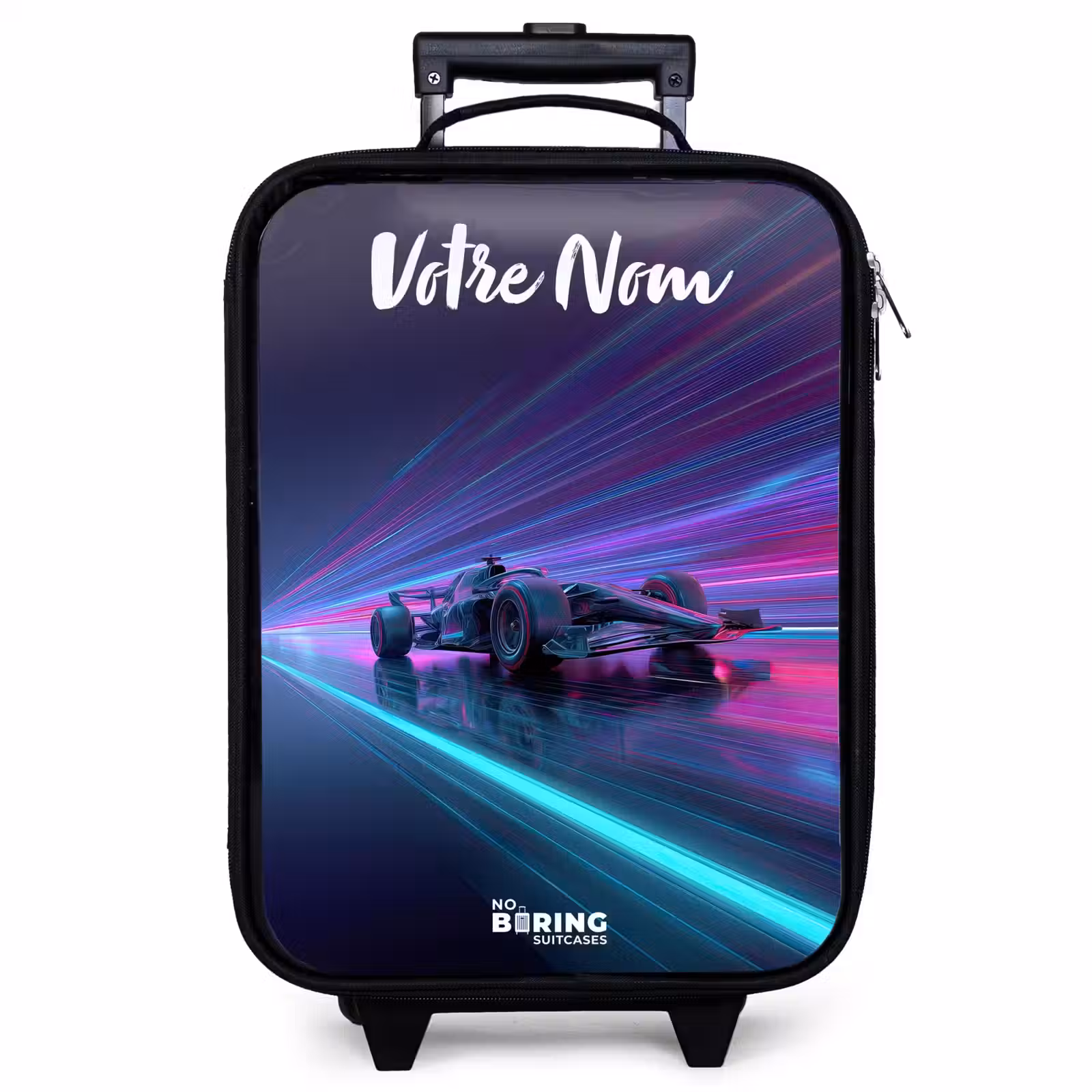 Valise enfant avec nom - Faisceaux lumineux - Néon - Voiture de course - Violet — 1