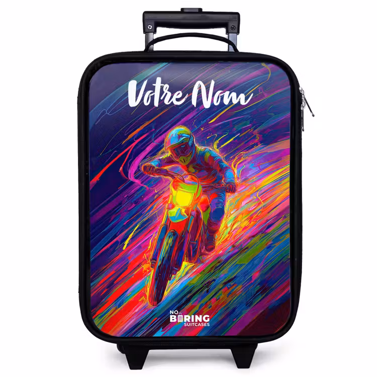 Valise enfant avec nom - Vélo de cross - Couleurs néon - Lignes - Casque — 1