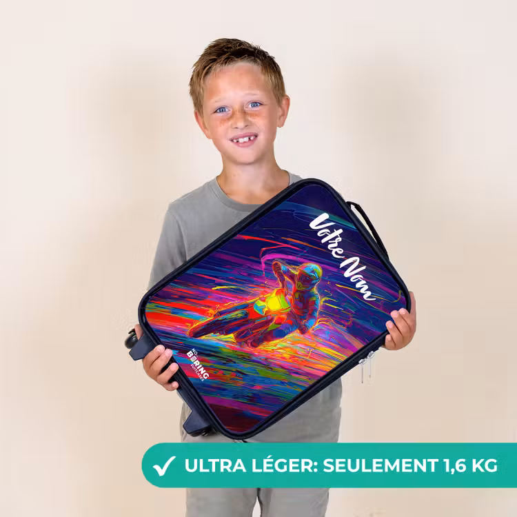Valise enfant avec nom - Vélo de cross - Couleurs néon - Lignes - Casque — 2