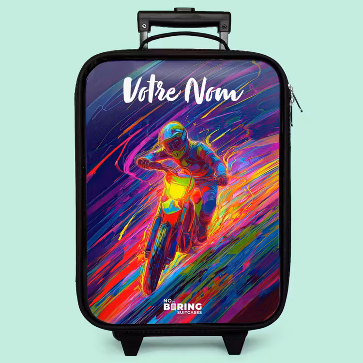 Valise enfant avec nom - Vélo de cross - Couleurs néon - Lignes - Casque — 3