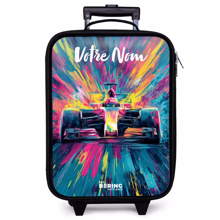 Valise enfant avec nom - Voiture de course - Abstrait - Rayures - Bleu — 1