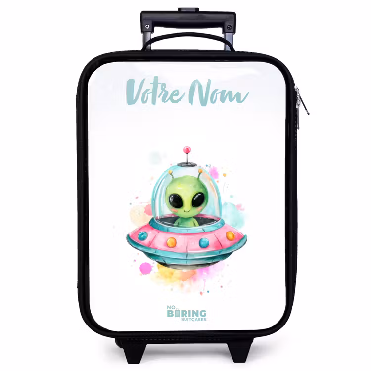 Valise enfant avec nom - Un extraterrestre vert dans un OVNI coloré — 1