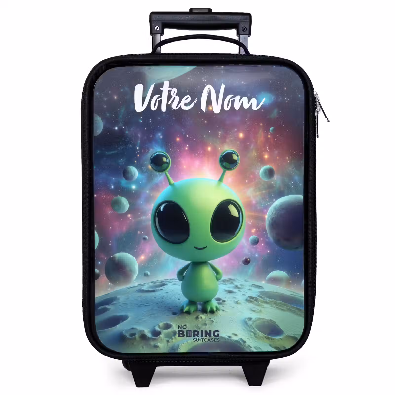Valise enfant avec nom - Créature extraterrestre verte sur un paysage lunaire — 1