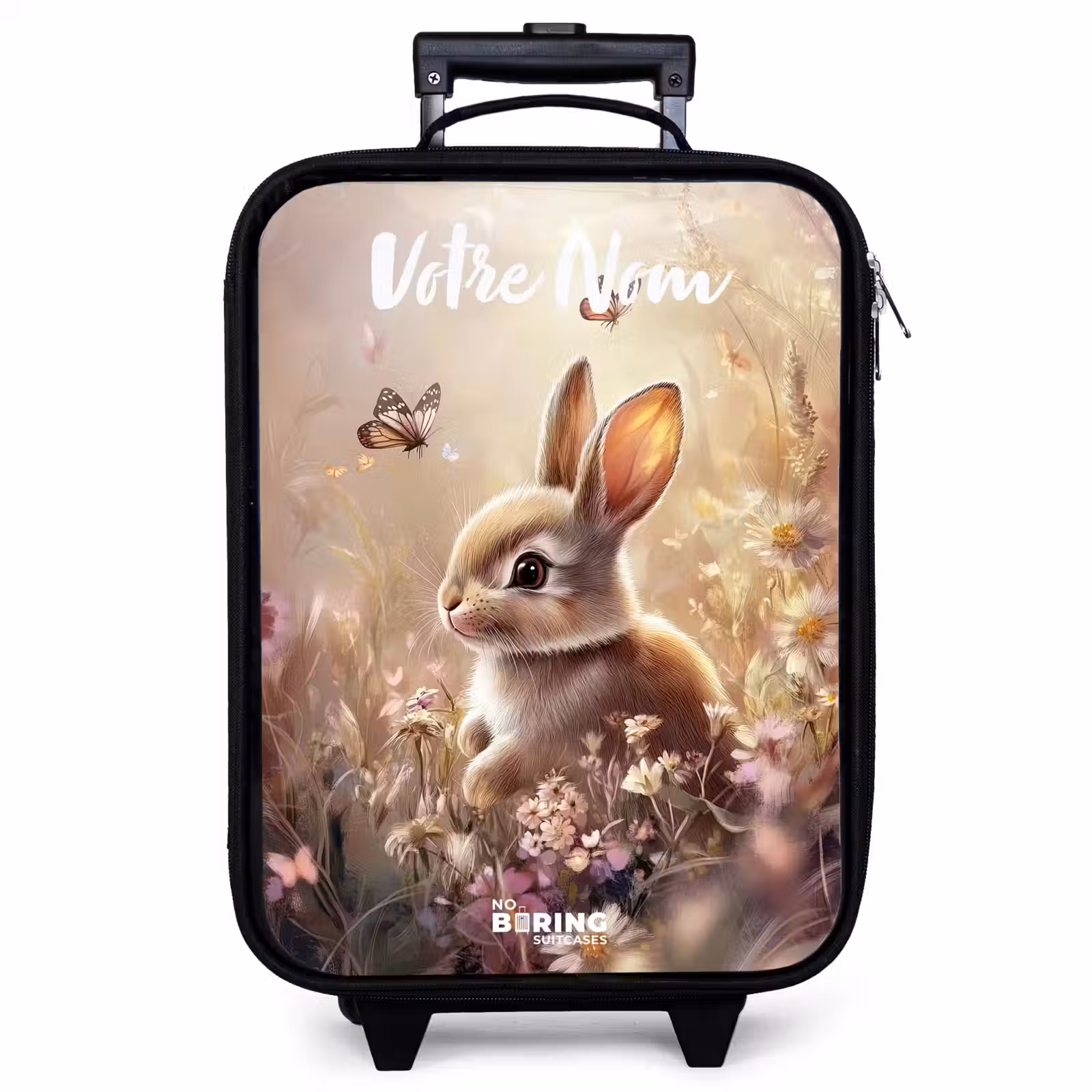Valise enfant avec nom - Lapin - Marron - Fleurs - Papillons — 1
