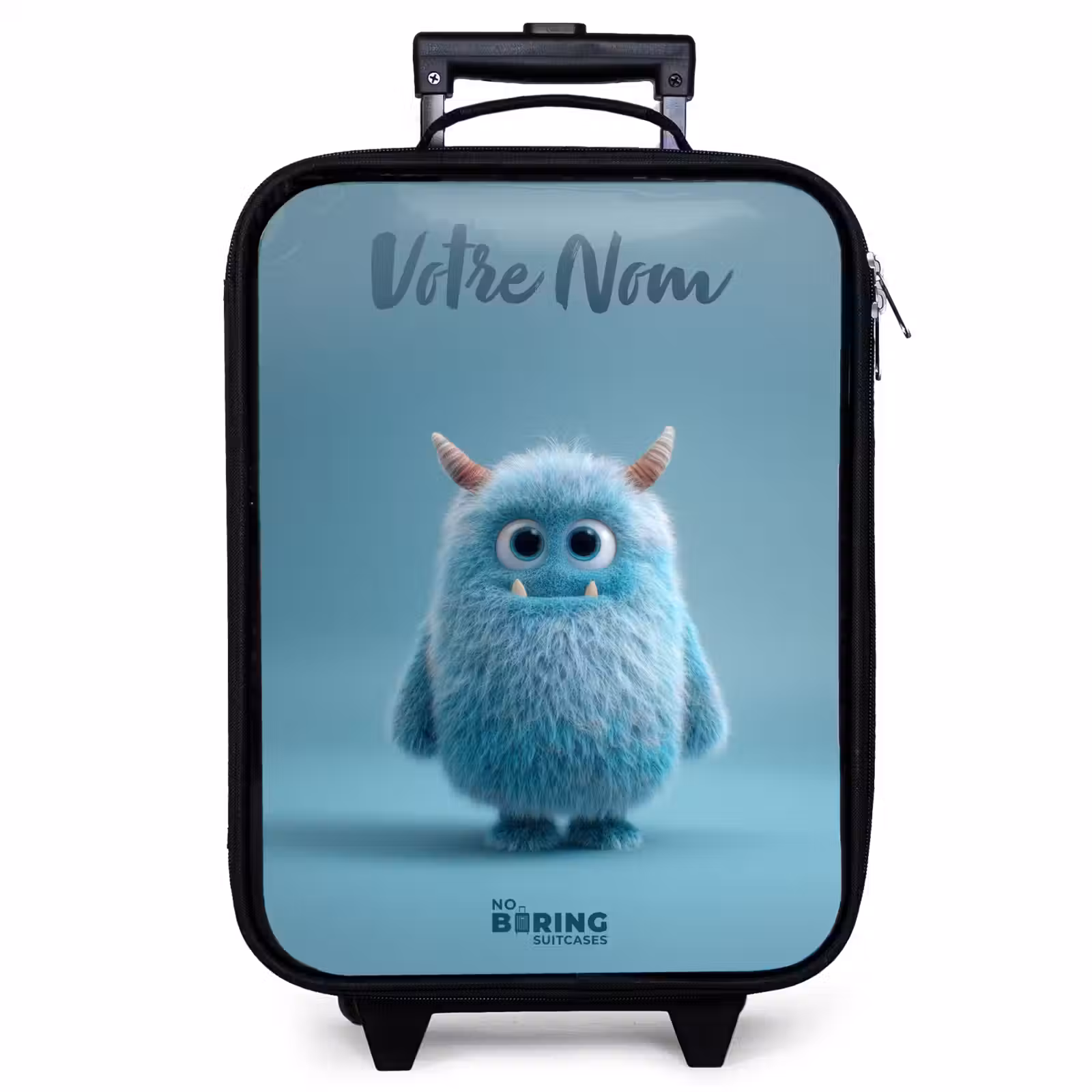 Valise enfant avec nom - Monstre bleu en peluche avec des cornes — 1