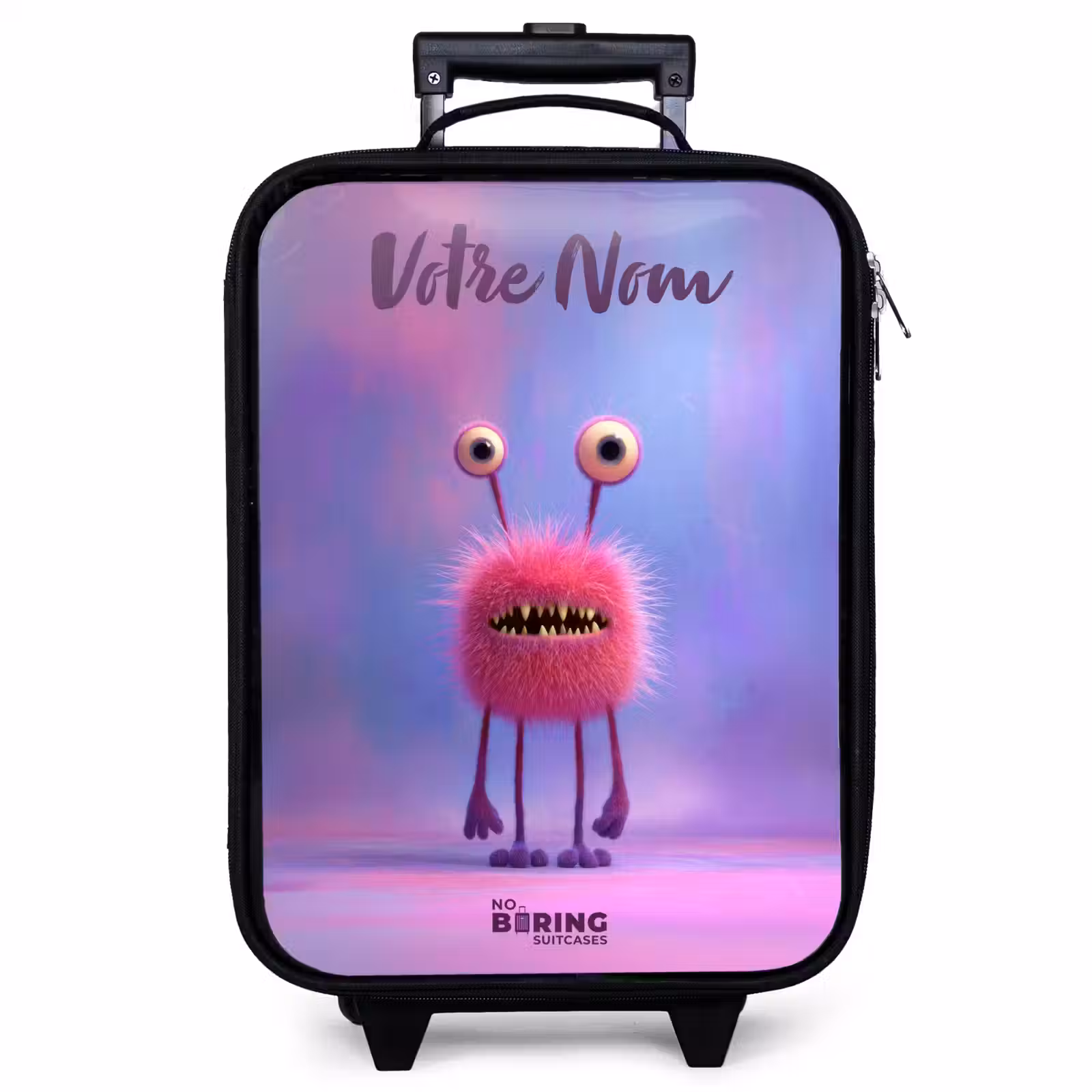 Valise enfant avec nom - Monstre rose à fourrure avec de grands yeux — 1