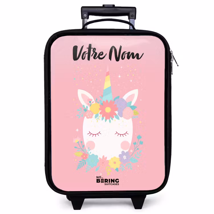 Valise enfant avec nom - Licorne - Fleurs - Rose — 1