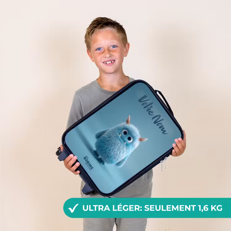 Valise enfant avec nom - Monstre bleu en peluche avec des cornes — 2